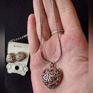 Silver and Glass Red Heart Pendant Necklace and Earring Set NWT